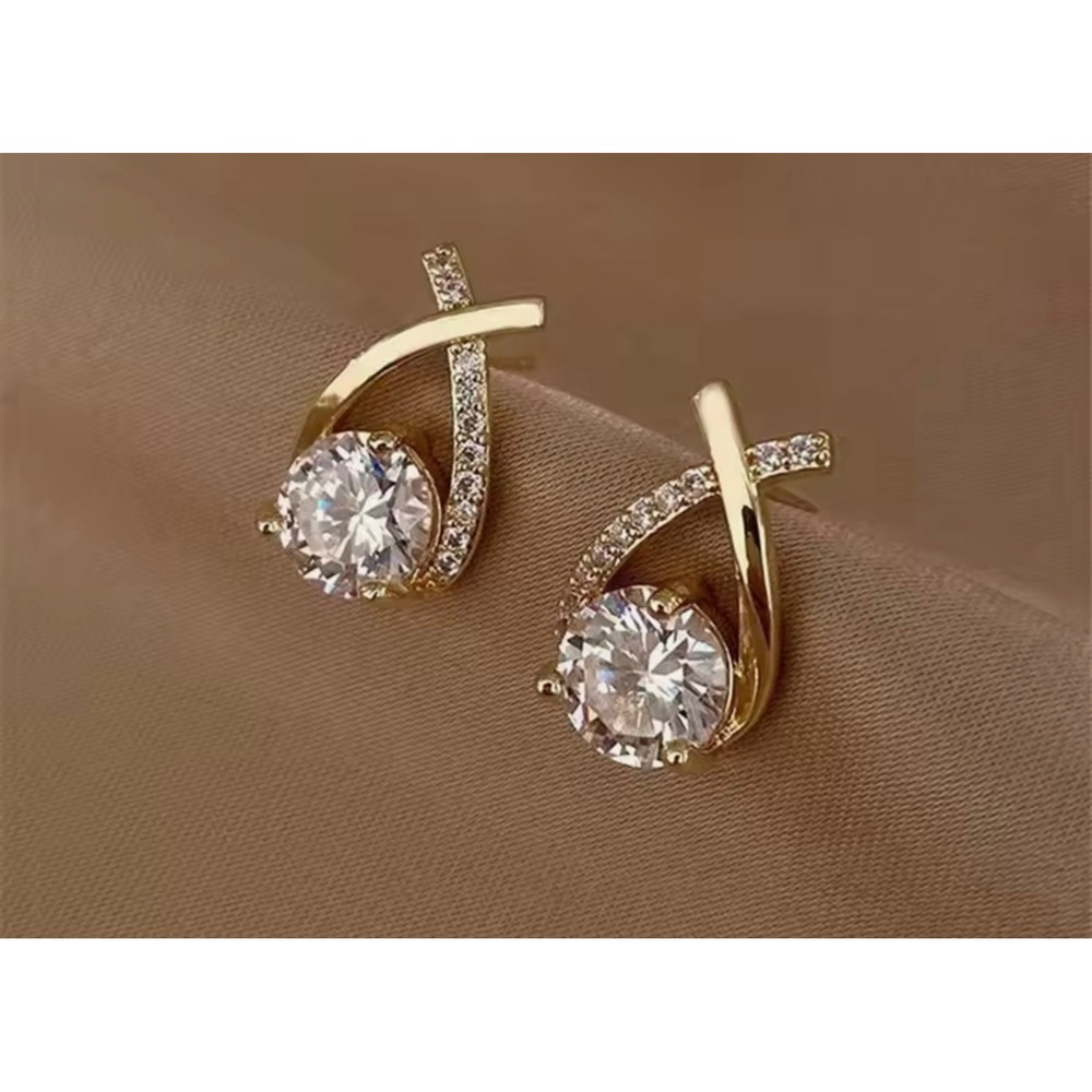 Reina Gold Tone Crossover Cubic Zirconia Stud Earrings Round Cut Crystal Accents
